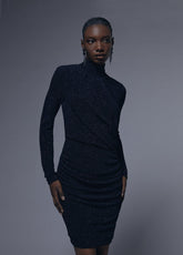 12465007-Draped dress with shoulder pads detail-Blue