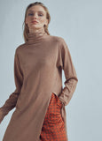 32461008-Long sweater with a high collar and slit detail-Camel