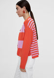 LS2411003-Red-Pink-Two-tone striped knit cardigan