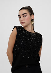 LS2415026-Black-T-shirt with shoulder pads and rhinestones