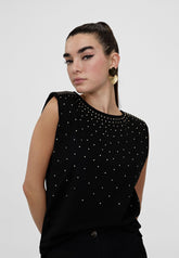 LS2415026-Black-T-shirt with shoulder pads and rhinestones