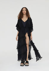 LS2416055-Black-Long caftan with pompoms
