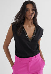 MS2415028-Black-T-shirt with rhinestone neckline