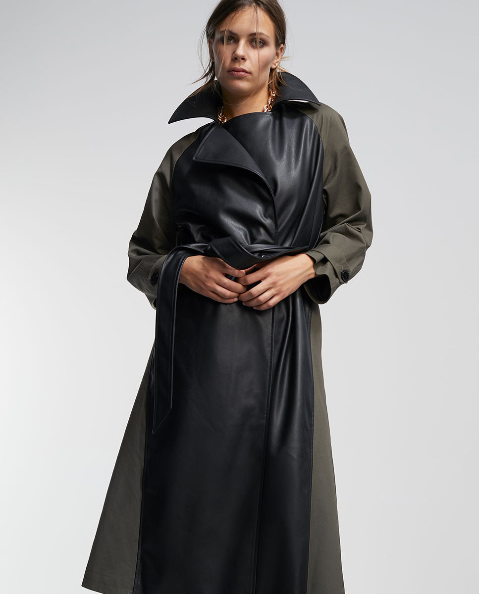 Contrast faux leather trench coat