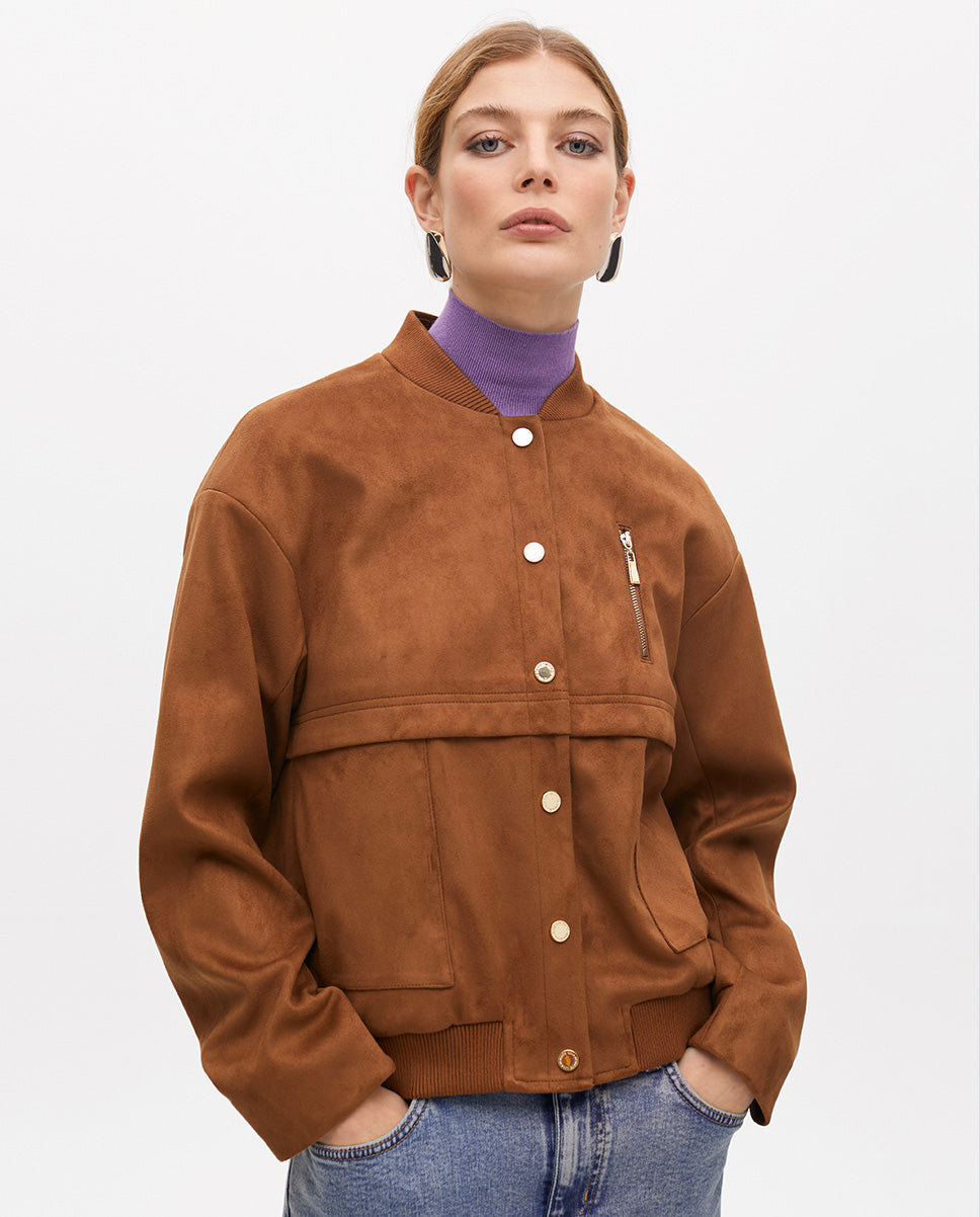 Suede Bomber Jacket with Pocket Detail