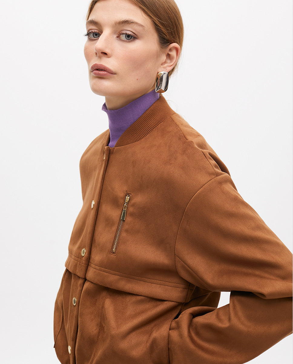 Suede Bomber Jacket with Pocket Detail