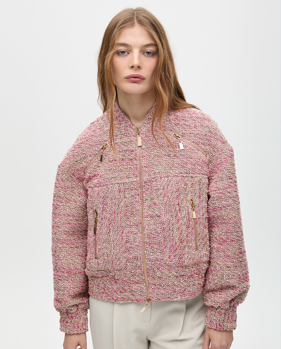 Tweed Pocket Zipper Bomber Jacket