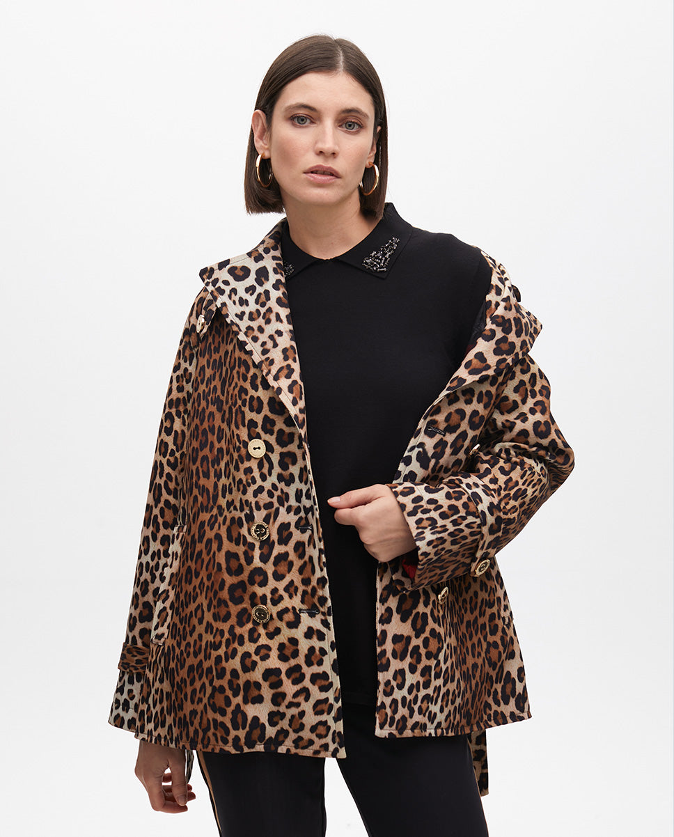Short Animal Print Trench Coat with Belt