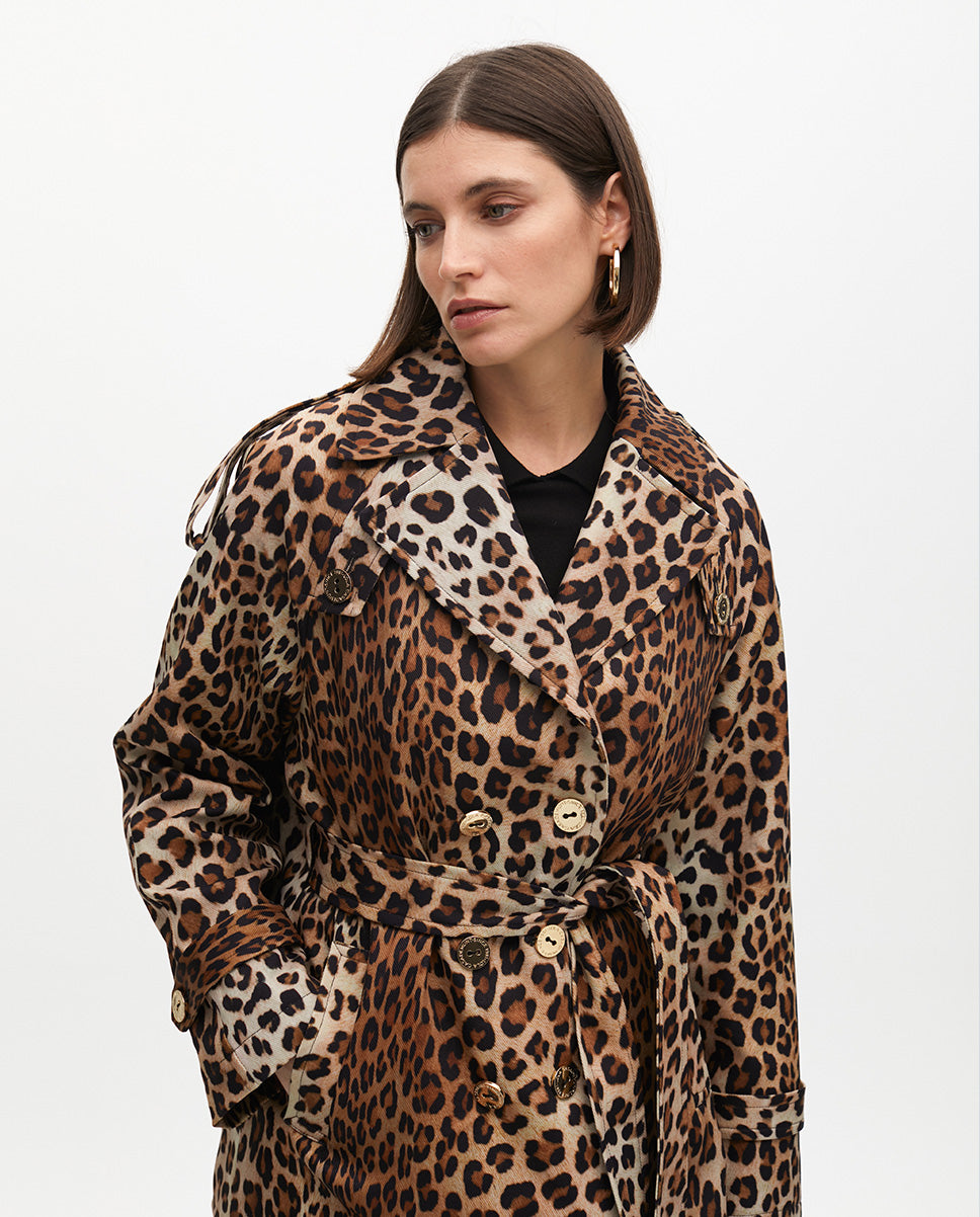 Short Animal Print Trench Coat with Belt