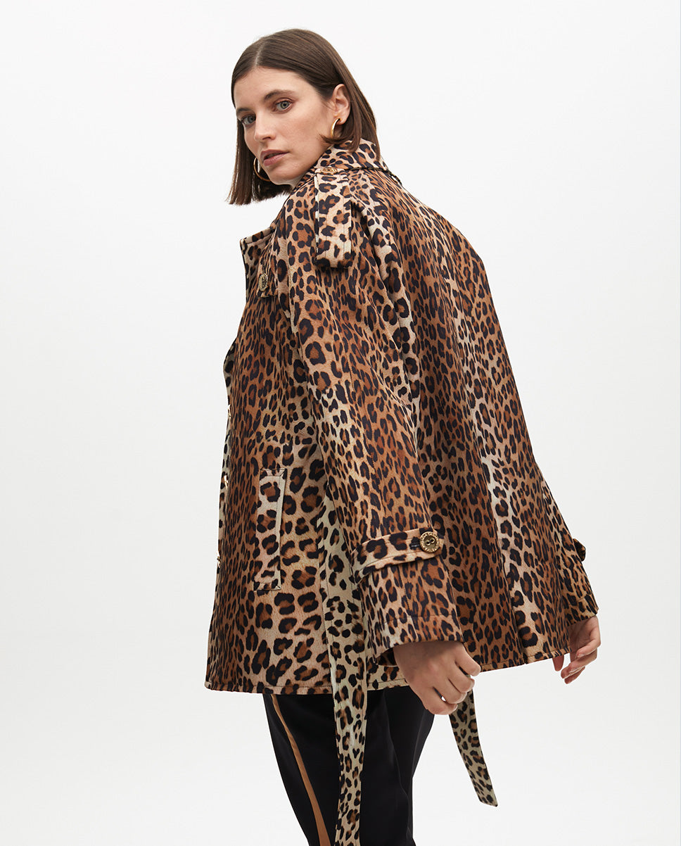 Short Animal Print Trench Coat with Belt