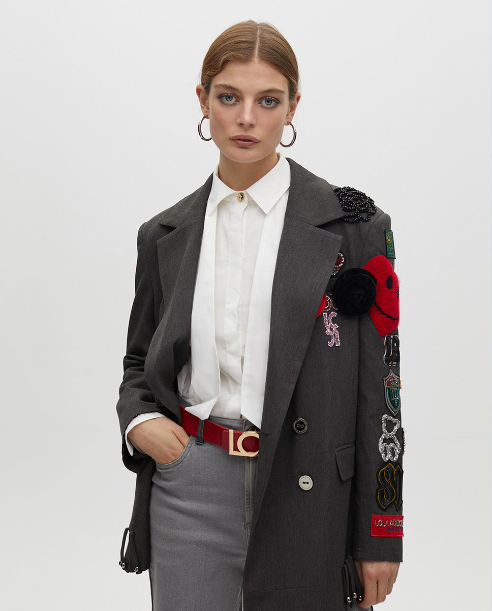 Oversized Double-Breasted Blazer with Patches