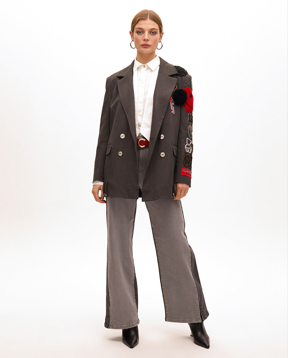 Oversized Double-Breasted Blazer with Patches