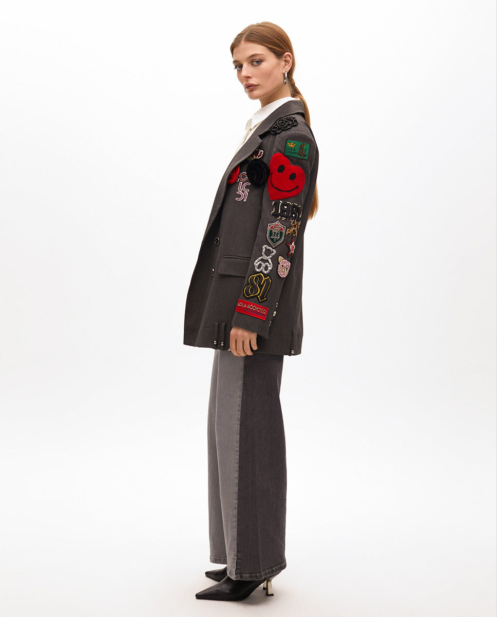 Oversized Double-Breasted Blazer with Patches