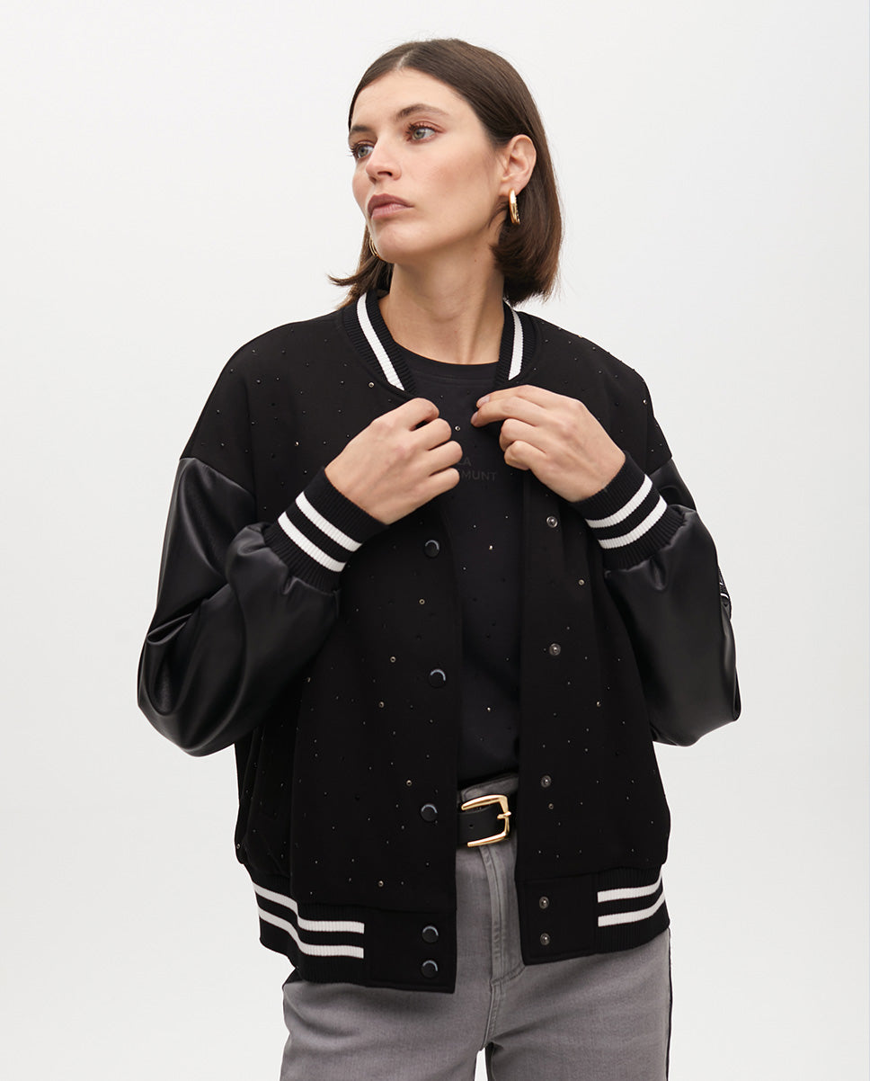 Bomber Jacket with Beading and Faux Leather Details