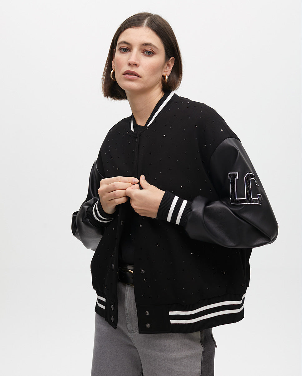 Bomber Jacket with Beading and Faux Leather Details
