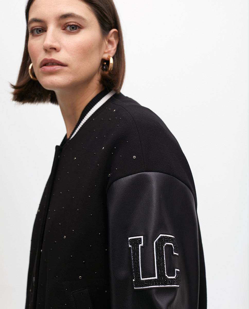 Bomber Jacket with Beading and Faux Leather Details