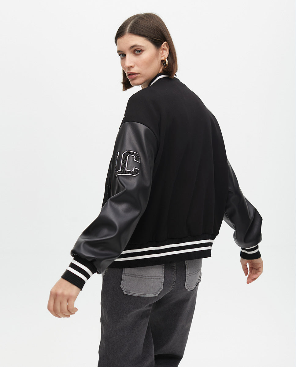 Bomber Jacket with Beading and Faux Leather Details