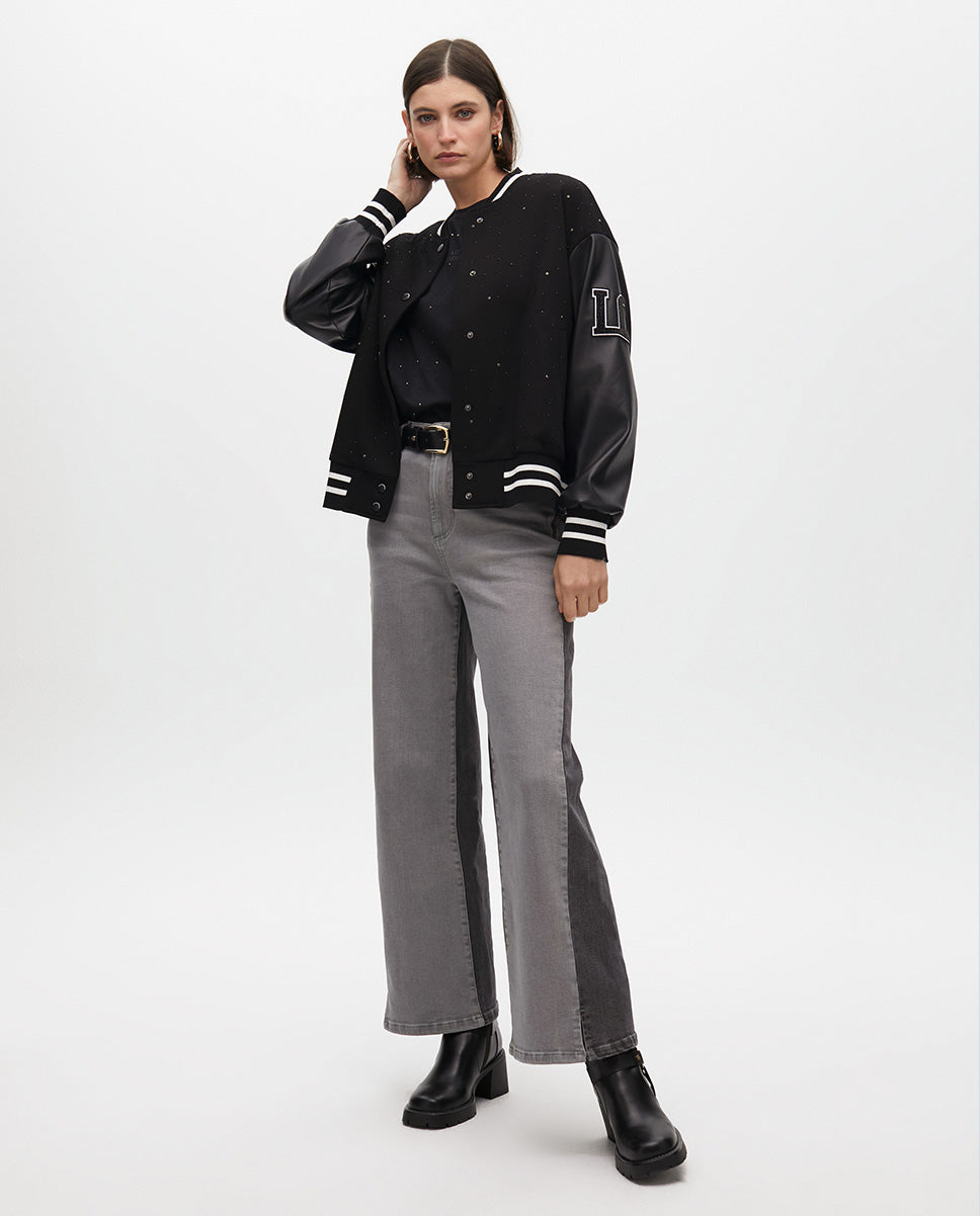 Bomber Jacket with Beading and Faux Leather Details