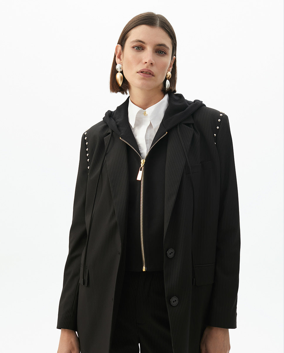 Detachable Hood Pinstriped Blazer with Round Studs
