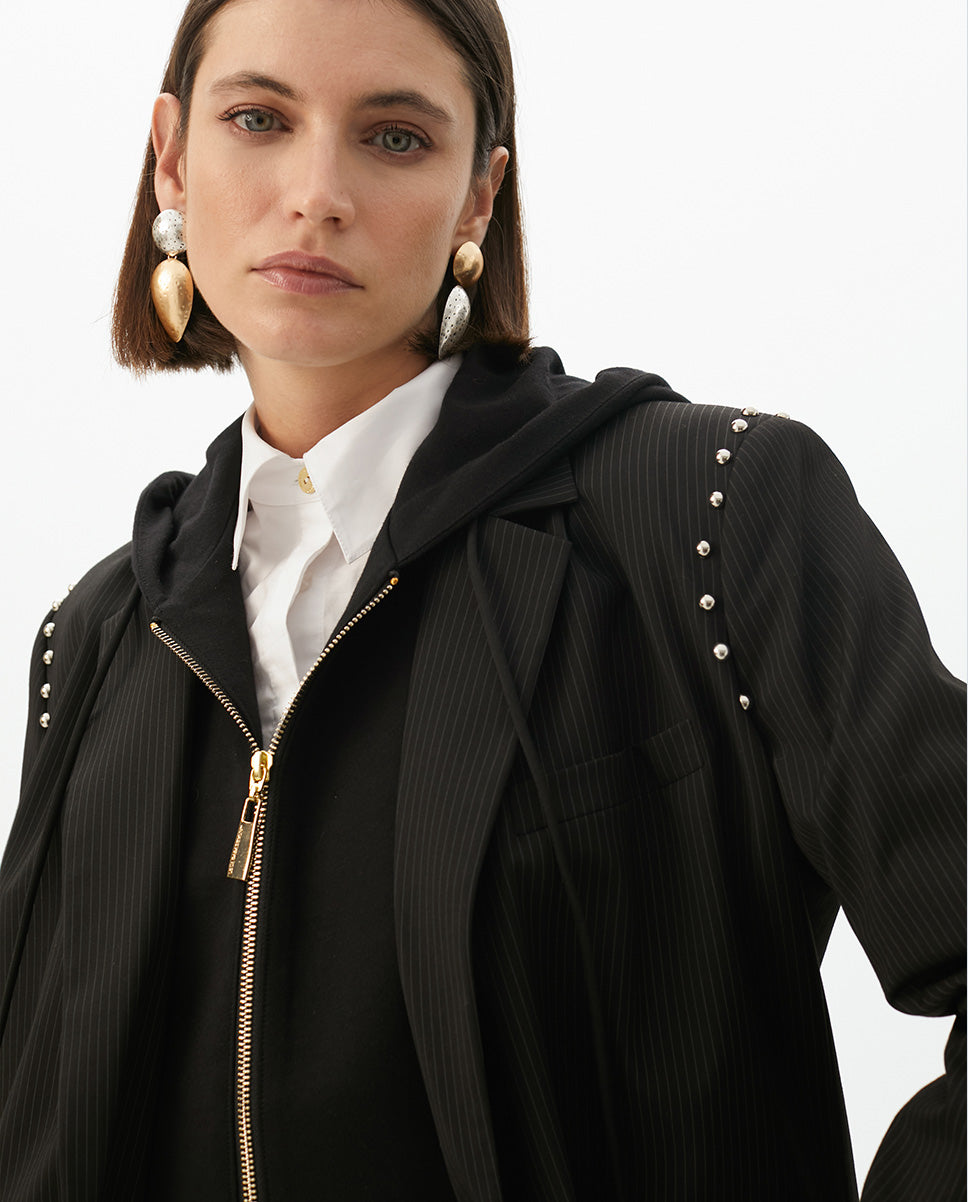 Detachable Hood Pinstriped Blazer with Round Studs