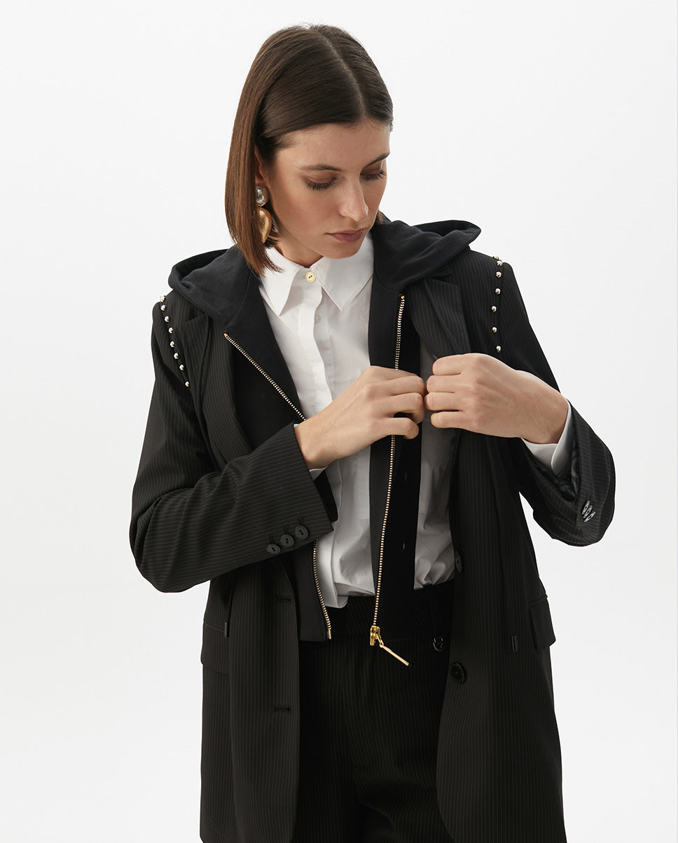 Detachable Hood Pinstriped Blazer with Round Studs