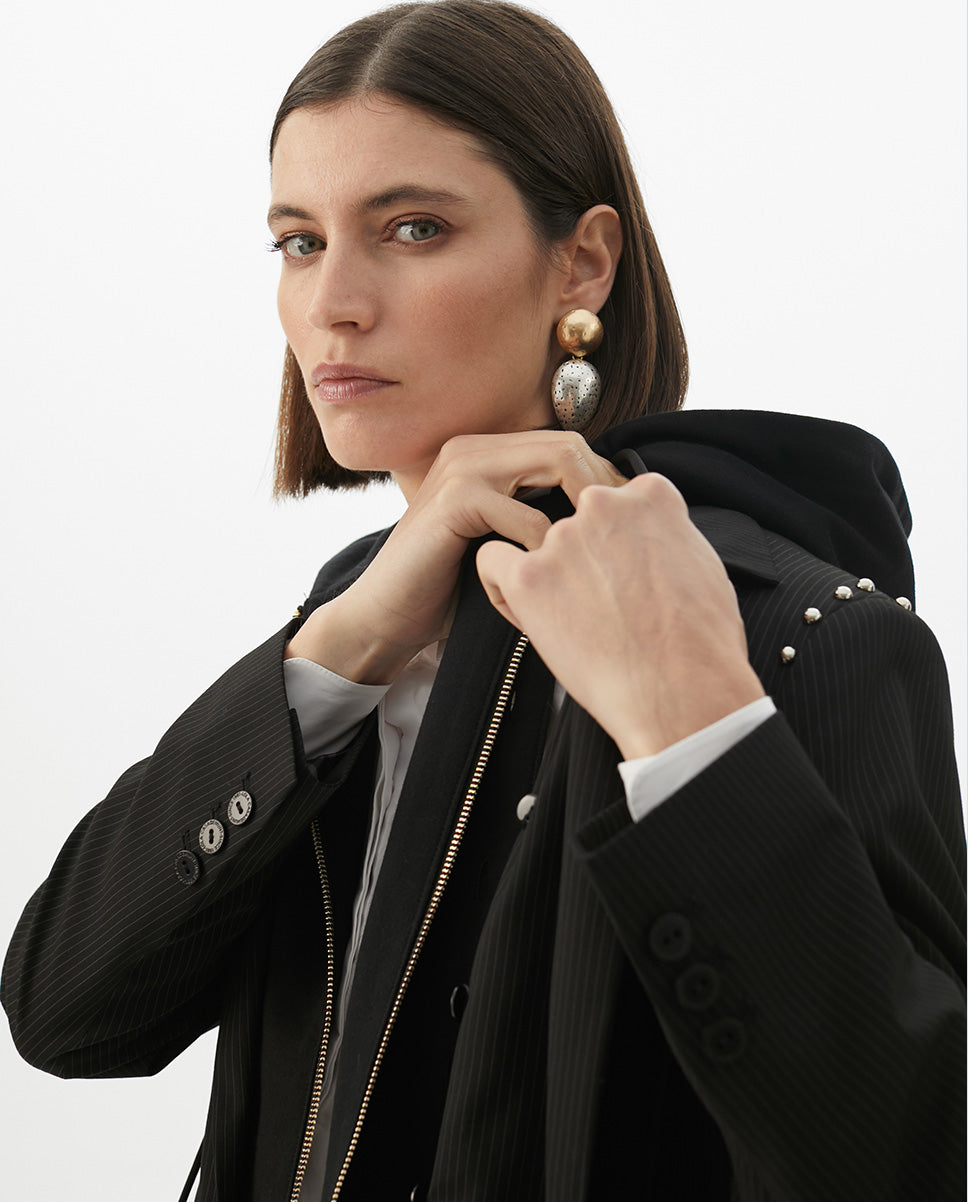 Detachable Hood Pinstriped Blazer with Round Studs