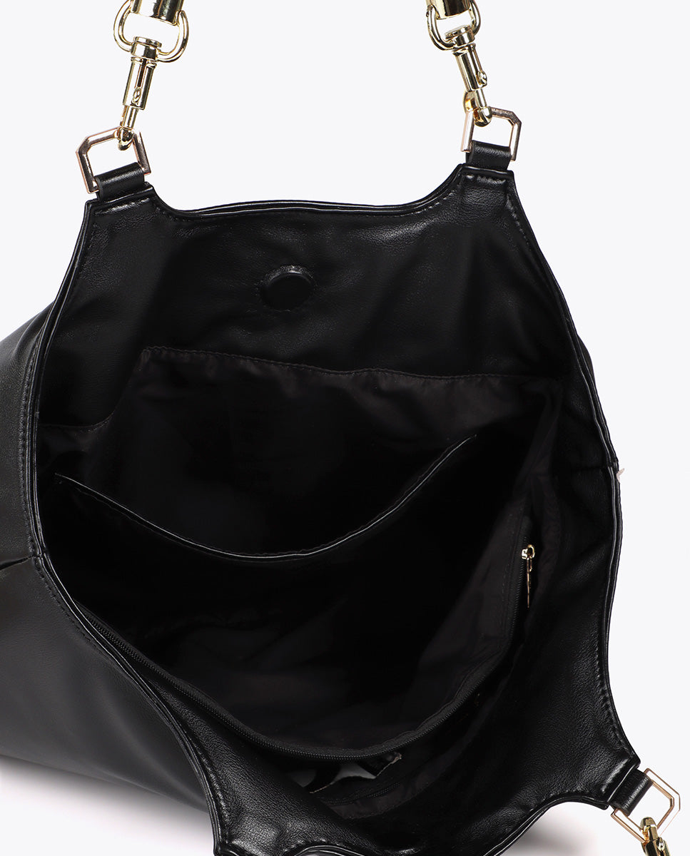Faux Leather Shopper Bag with Braided Handle and Metal Details