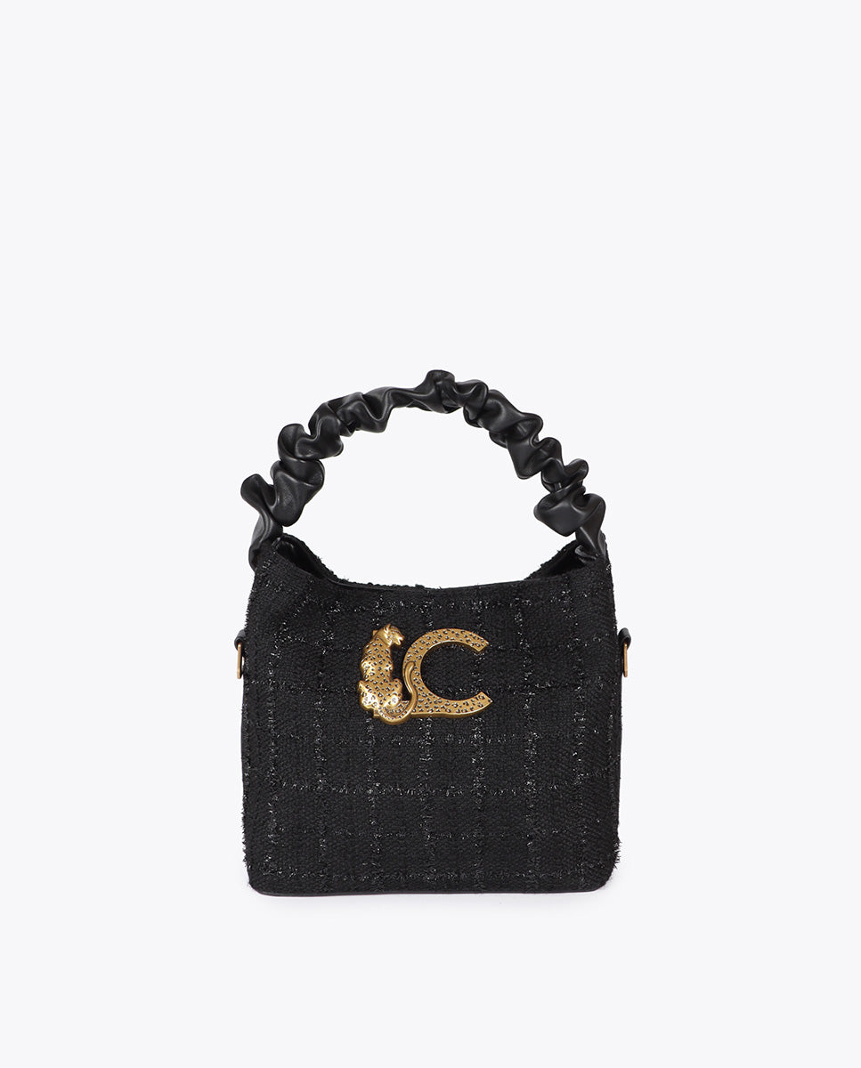 Small Tweed Bag with Ruched Handle and Leopard LC Logo