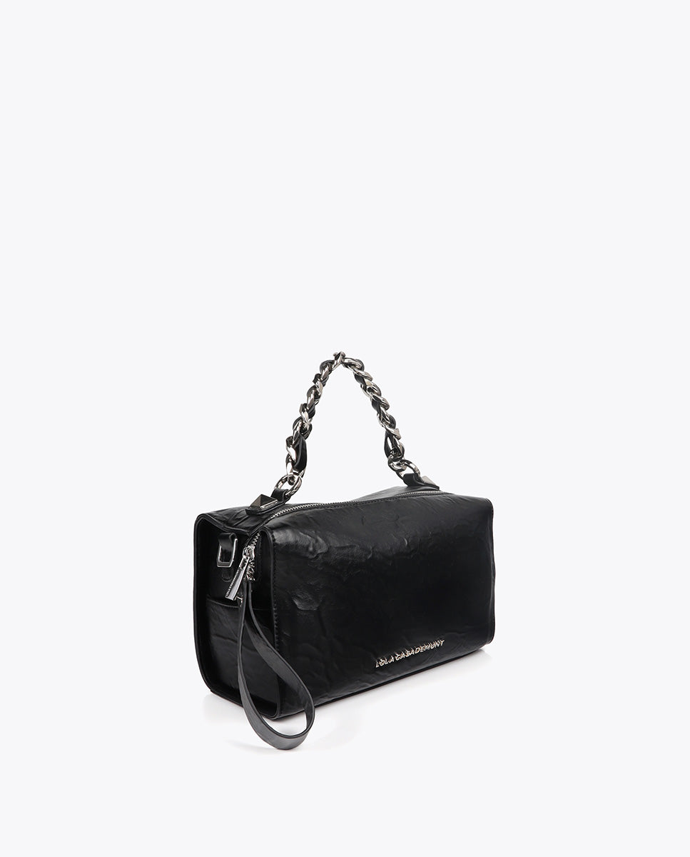 Crinkled Leather Effect Briefcase Bag with Metallic Details and Studs