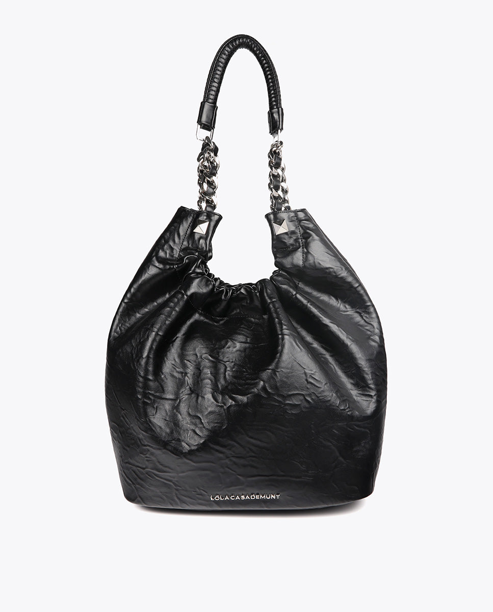 Crinkled Leather Effect Shopper Bag with Metallic Details and Studs