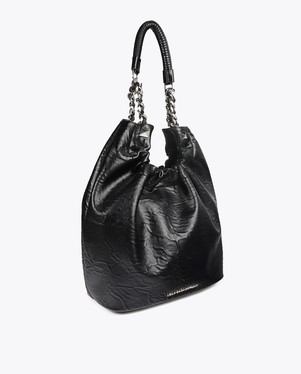 Crinkled Leather Effect Shopper Bag with Metallic Details and Studs