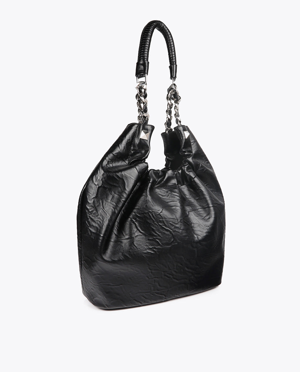 Crinkled Leather Effect Shopper Bag with Metallic Details and Studs