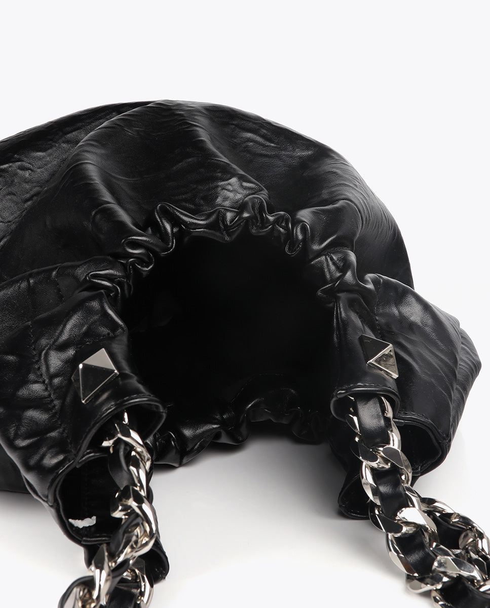 Crinkled Leather Effect Shopper Bag with Metallic Details and Studs