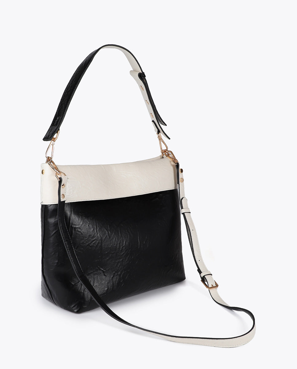 Wrinkled Effect Bicolor Hobo Bag