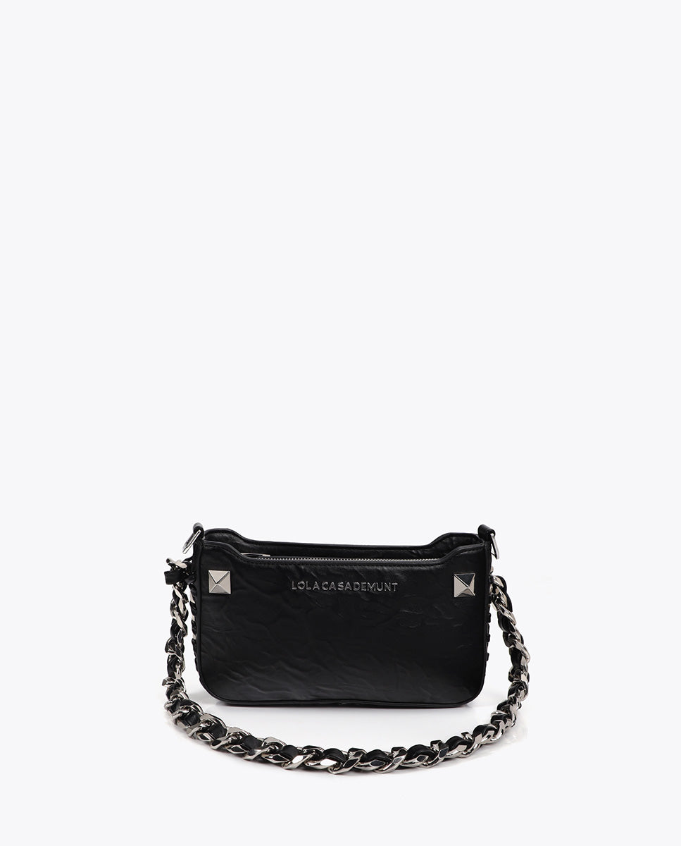 Wrinkled Faux Leather Bag with Metallic Details and Studs