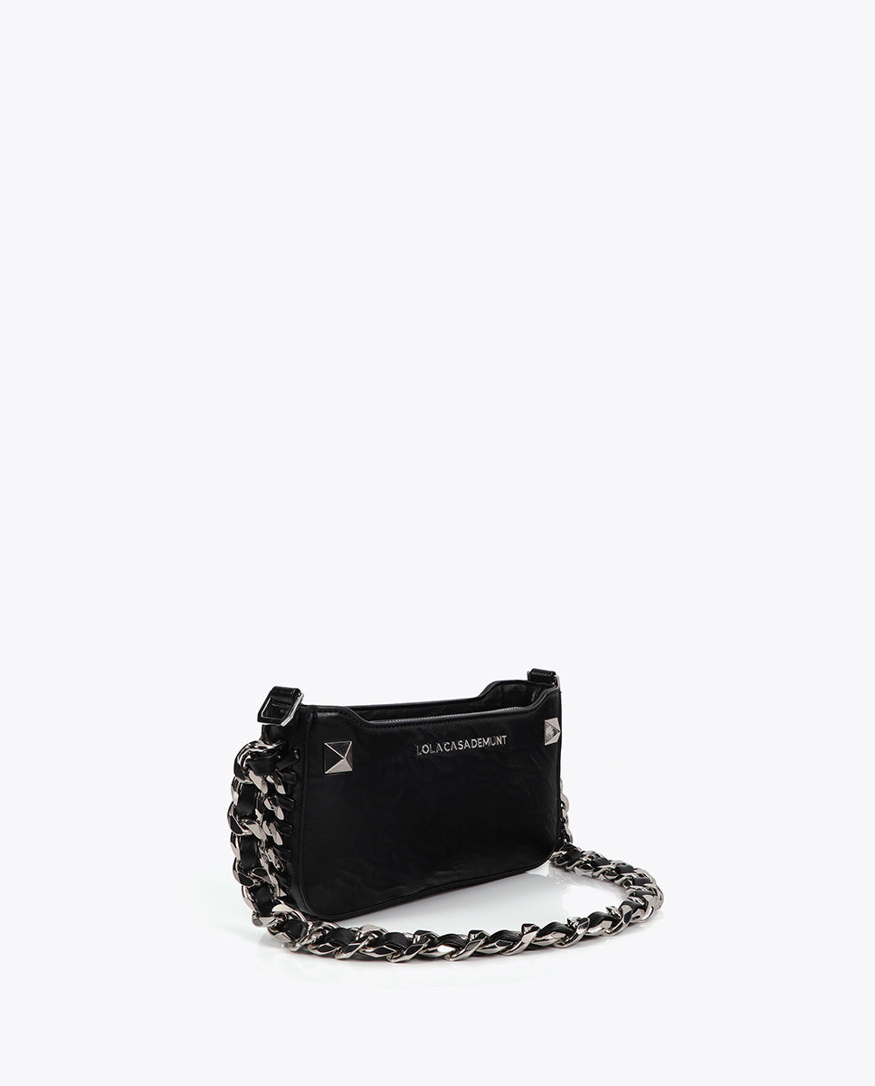 Wrinkled Faux Leather Bag with Metallic Details and Studs