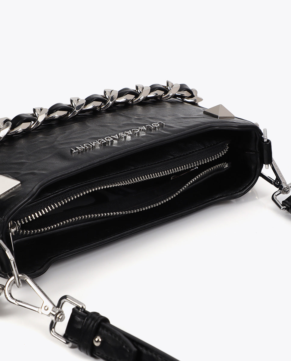 Wrinkled Faux Leather Bag with Metallic Details and Studs