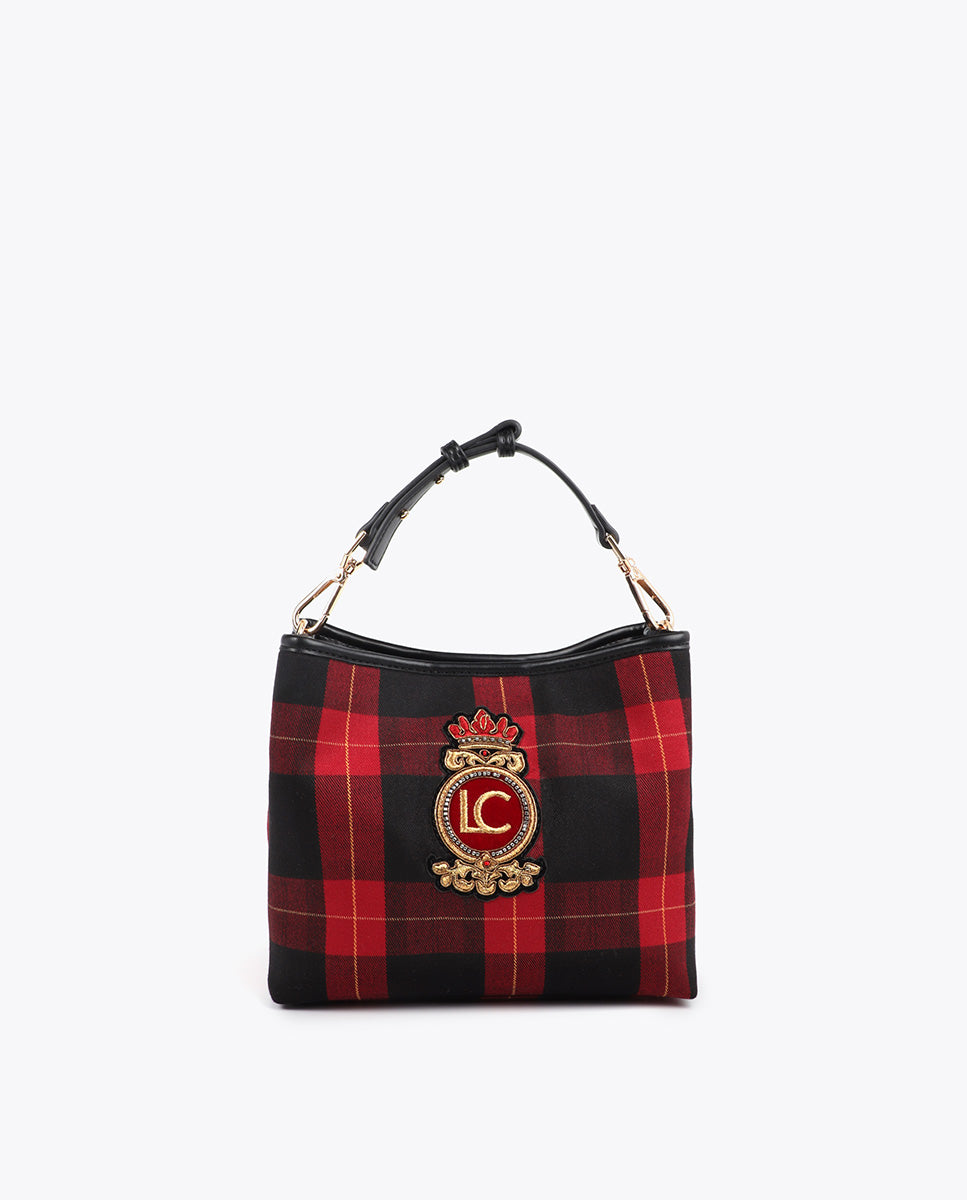 Plaid Fabric Pouch with Crest Patch