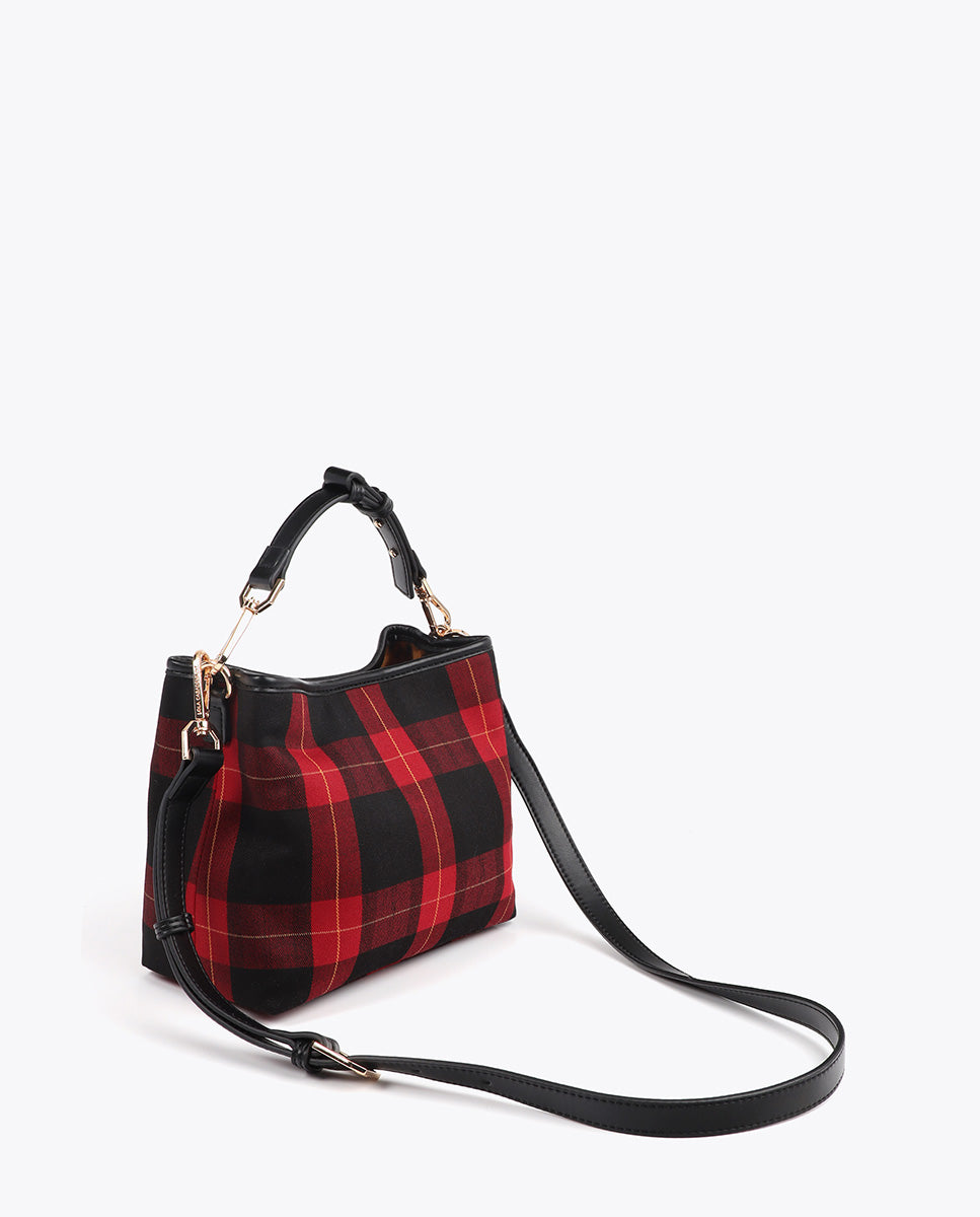 Plaid Fabric Pouch with Crest Patch