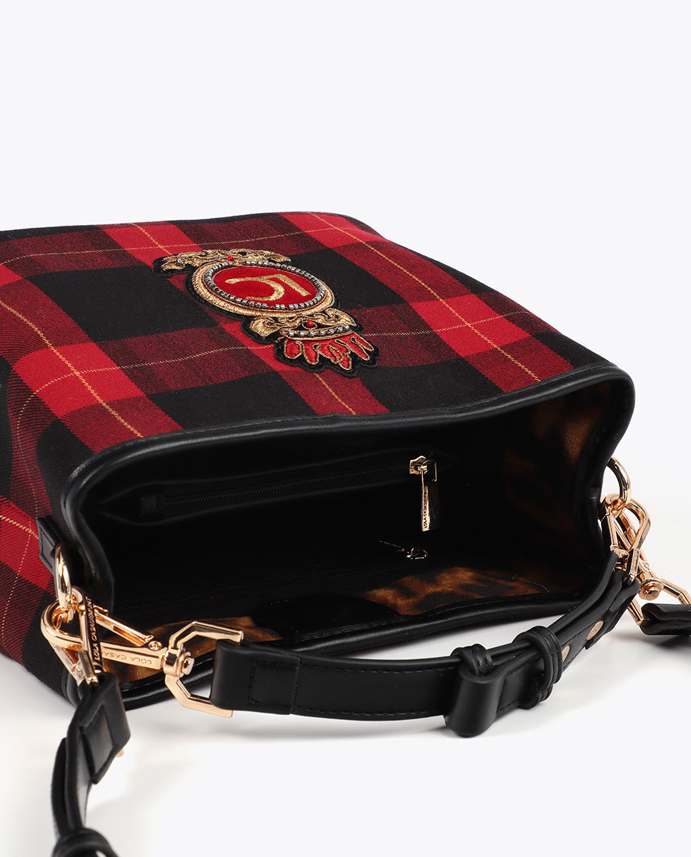 Plaid Fabric Pouch with Crest Patch