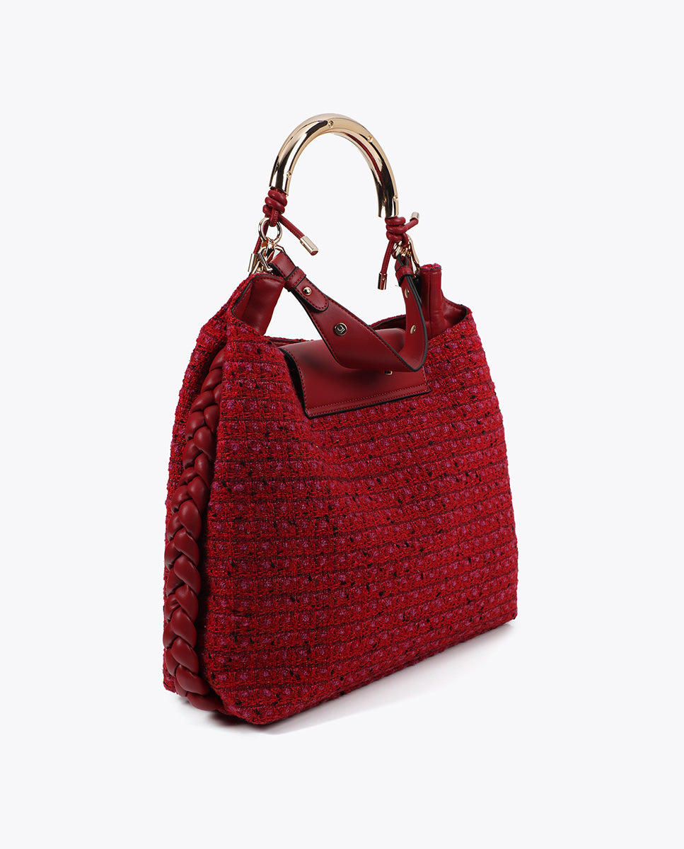 Shopper Bag with Personalized Metallic Handle Tweed Fabric
