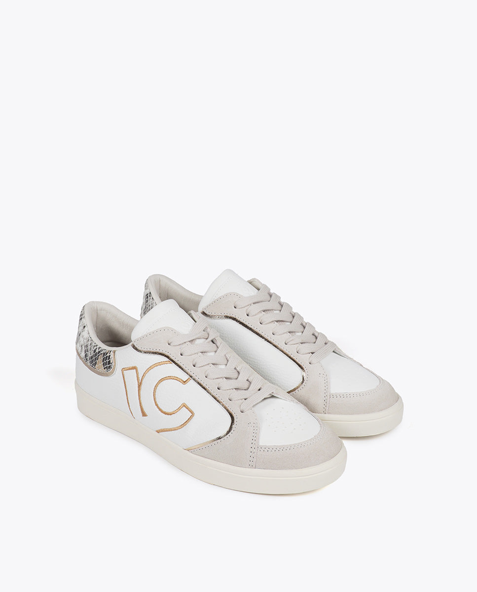 Sneakers with Snake Effect and Leather Details