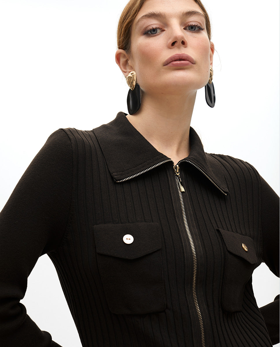Zipper Cardigan with Double Pockets