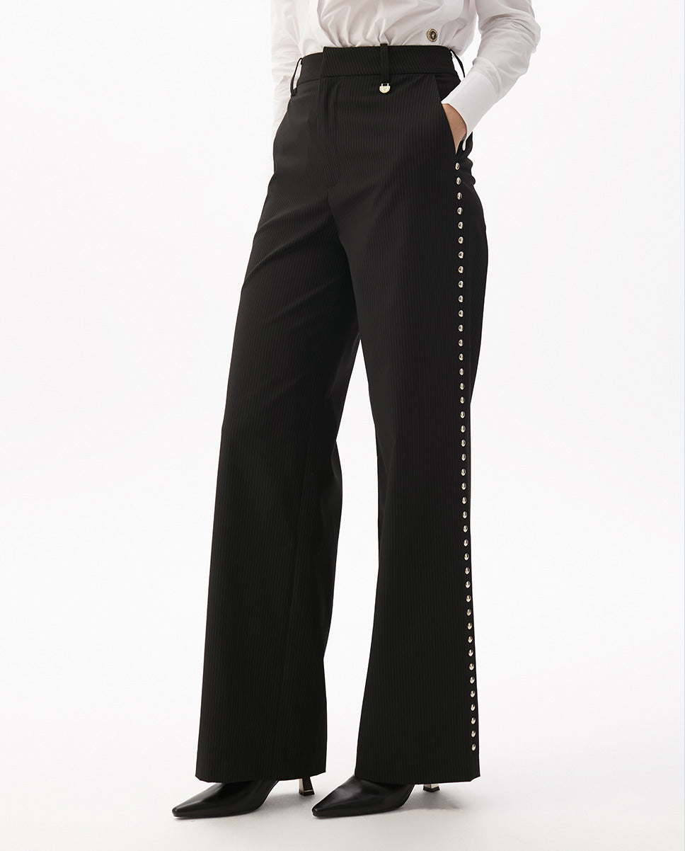 Pinstripe Straight Trousers with Side Stud Details