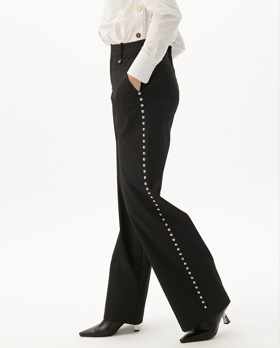 Pinstripe Straight Trousers with Side Stud Details