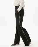 Pinstripe Straight Trousers with Side Stud Details