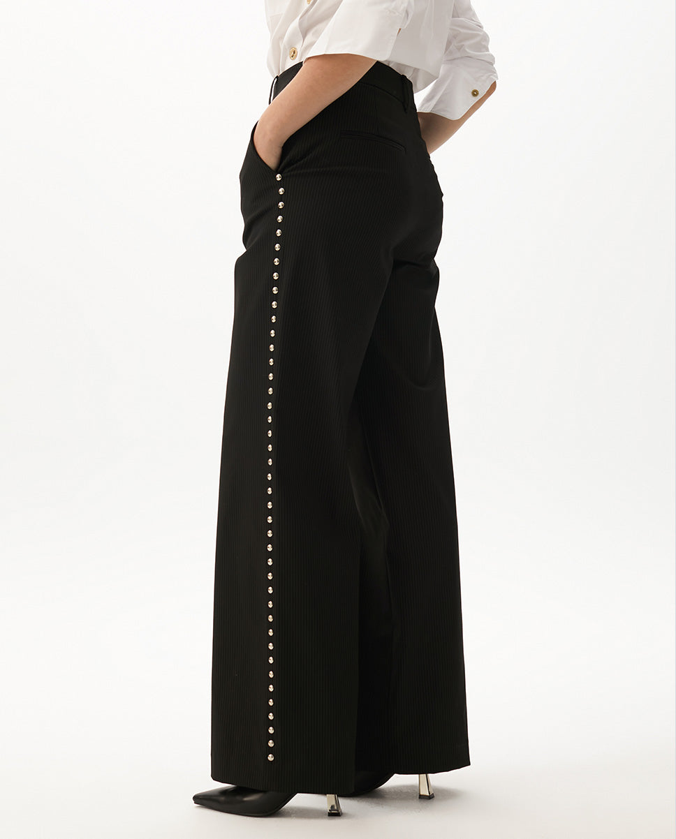Pinstripe Straight Trousers with Side Stud Details