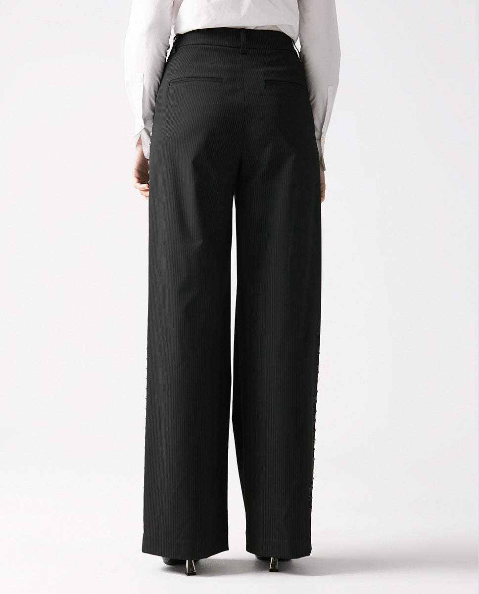 Pinstripe Straight Trousers with Side Stud Details