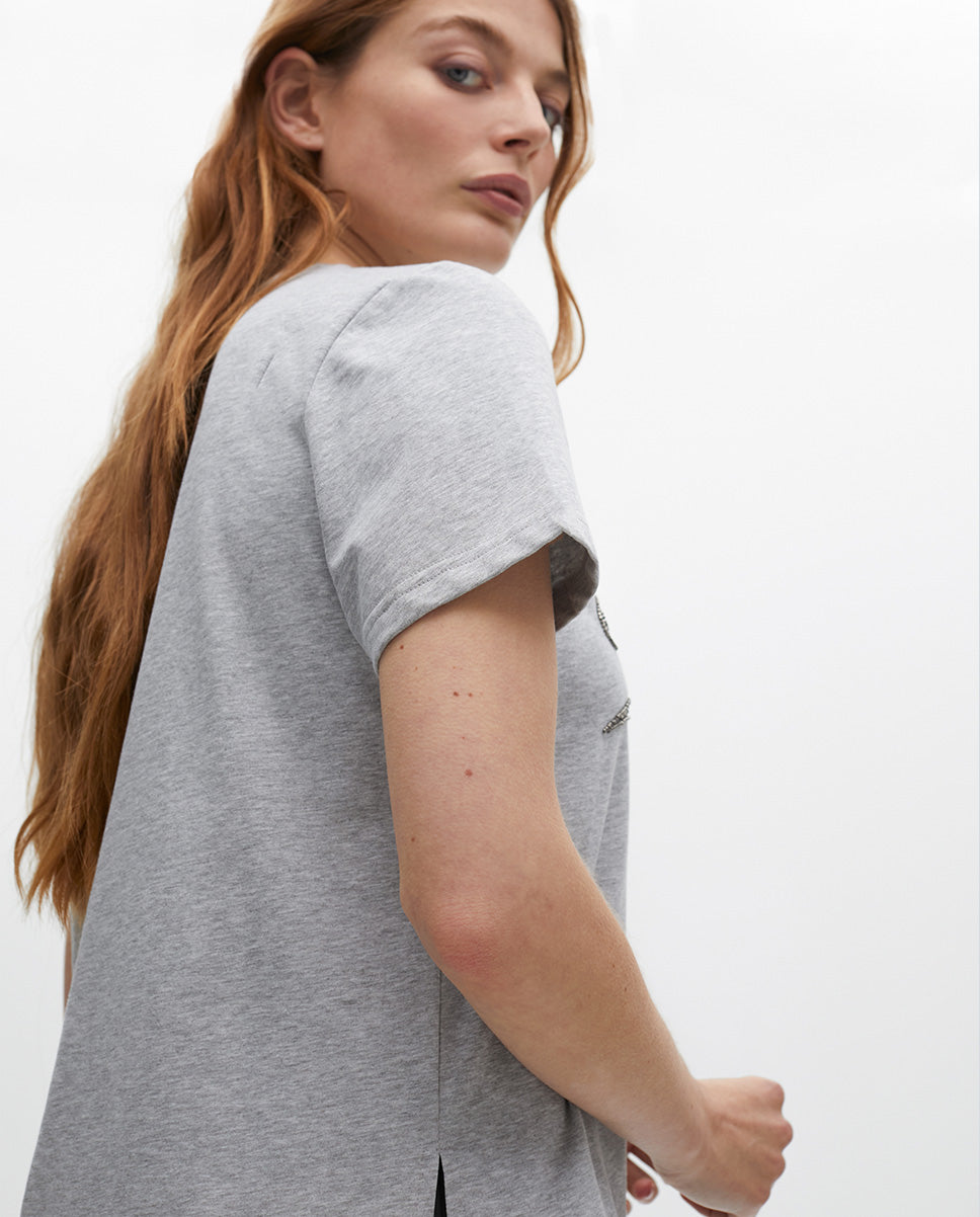 Short Sleeve T-Shirt with Positional Print and Jewel Detail