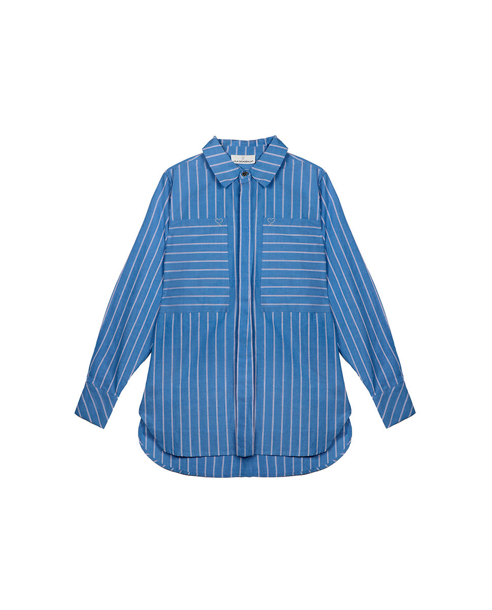 Straight striped poplin shirt with front pockets
